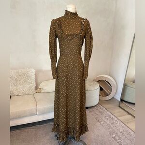 VINTAGE HANDMADE BROWN CALICO PRINT FLORAL PRINT PRAIRIE DRESS